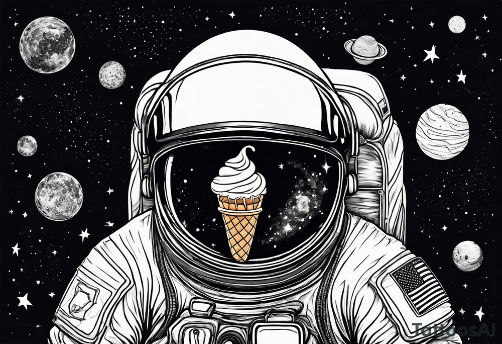 a picture of an astronaut eating an ice cream cone while floating in space showing the full body tattoo idea