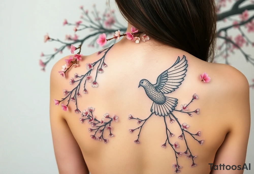 A big weeping, cherry blossom tree on the entire back, there are 2 doves. 1 is a flying into the sky. The second one is hovering above the ground that’s turning black like she stained with grief. Goth romance 
These are the dates I want dainty in the heavily overflow of weeping cherry blossom branches and leaves March 31, 2024 – July 2, 2024 tattoo idea