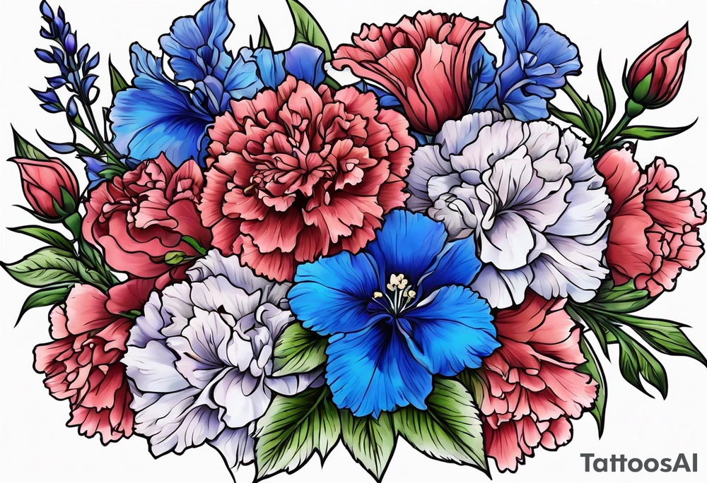 Larkspur flowers and carnation flowers in all color tattoo idea