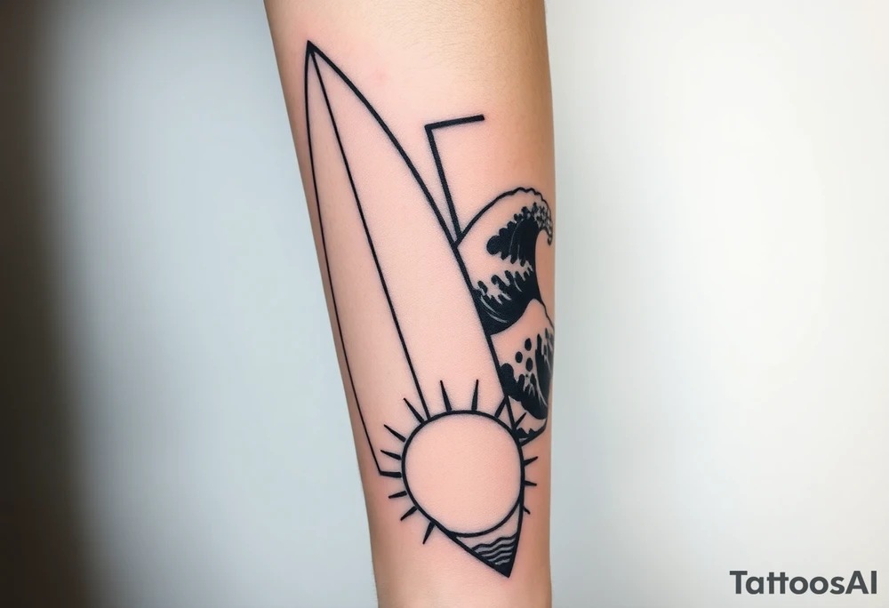 New school geometrical concept tattoo with the girl holding surfboard in a vertical position her face is turned 60 degrees to out side, the bottom part of a body is showed, on the right side of a tattoo is the realistic wave closed in a frame. And the bottom of a taro is a palenesiab sun. Link the objects based on new school geometry tattoos. tattoo idea