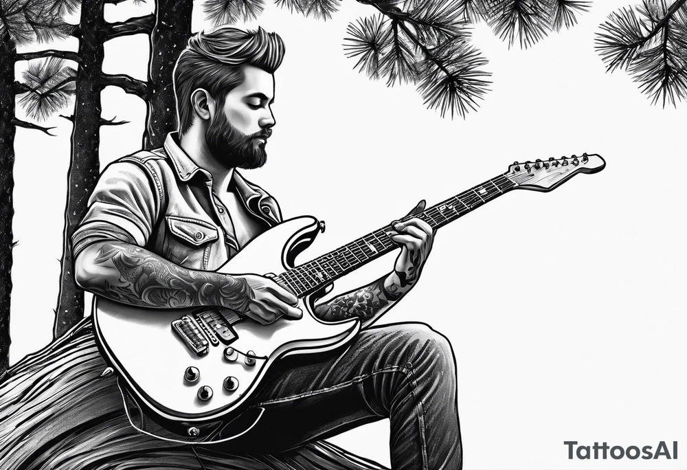 man playing electric guitar while sitting in a pine tree. simple tattoo idea man playing electric guitar while sitting in a pine tree. simple tattoo idea