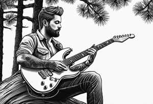 man playing electric guitar while sitting in a pine tree. simple tattoo idea
