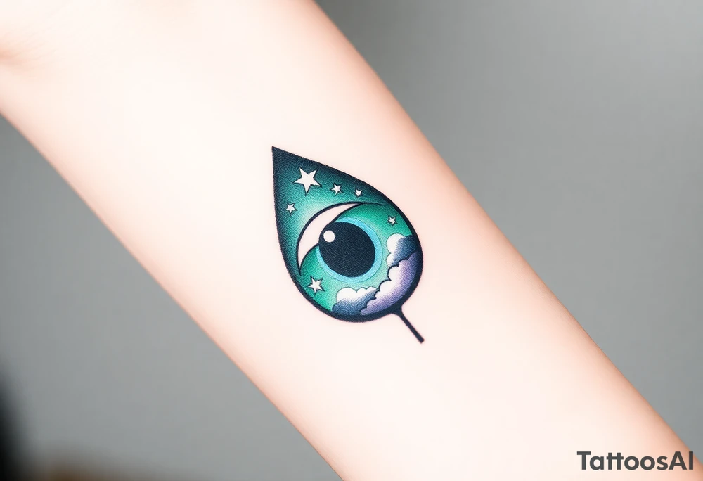 Large outline of an almond shaped eye with a spade inside as the eyeball colored greenish blue with a crescent moon stars and clouds inside vivid colors blue green purple tattoo idea