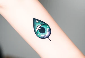 Large outline of an almond shaped eye with a spade inside as the eyeball colored greenish blue with a crescent moon stars and clouds inside vivid colors blue green purple tattoo idea