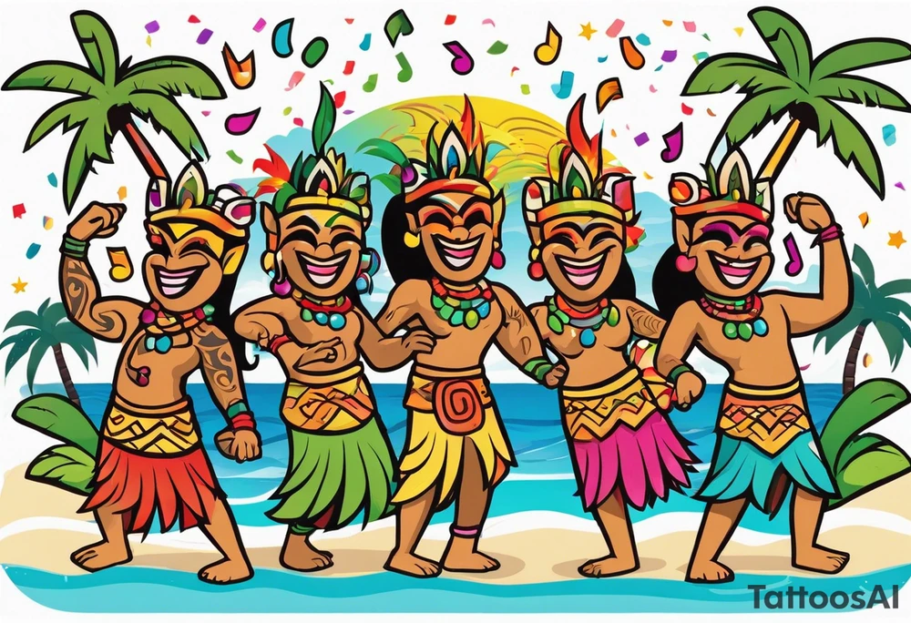 hulu tiki party with dancing tiki guys and sexy tiki girls on a beach with music notes and confetti around a blank space in the middle tattoo idea