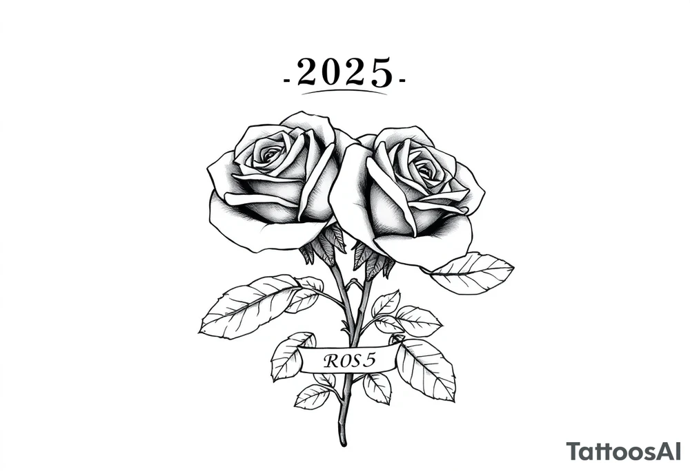 two beautiful rose buds, with many leaves and stems intertwined, representing two people in love. Include a small banner with "2025" on it.  The word "Rose" written in Kanji above the drawing.  Dark outlines tattoo idea