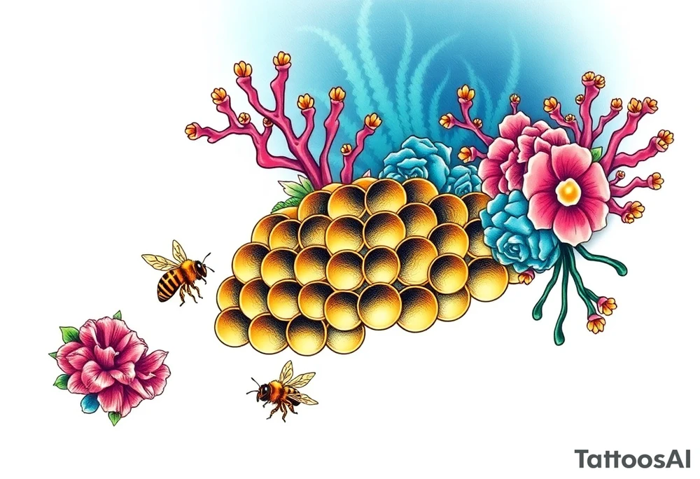 Coral reef scene with honey bees swimming on honey comb tattoo idea