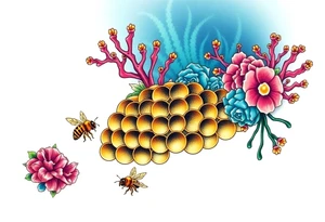 Coral reef scene with honey bees swimming on honey comb tattoo idea
