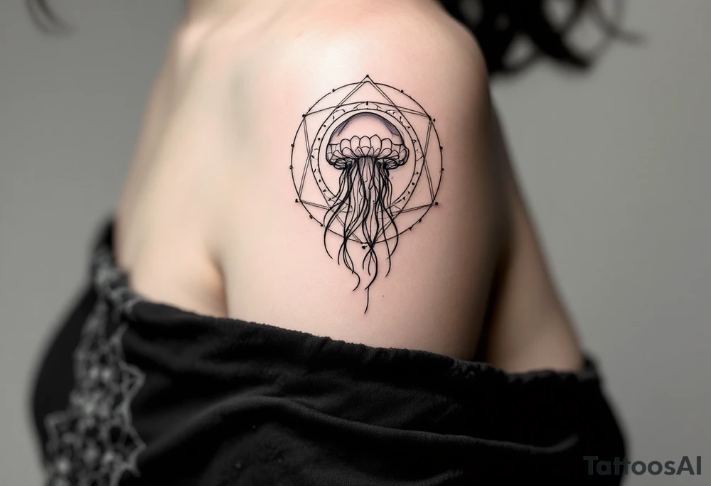 fine-line tattoo, single jellyfish, sacred geometry surround, dotwork patterns, jellyfish bell dome, flowing tentacles, trailing streamers, geometric mandala, radiating dotwork, minimalist design, black grey lines, soft shading, no outlines, geometric frame, organic jellyfish form, upper arm shoulder placement, light airy feel, delicate linework, geometric backdrop, refined elements, clean lines, radiating patterns, jellyfish centerpiece tattoo idea
