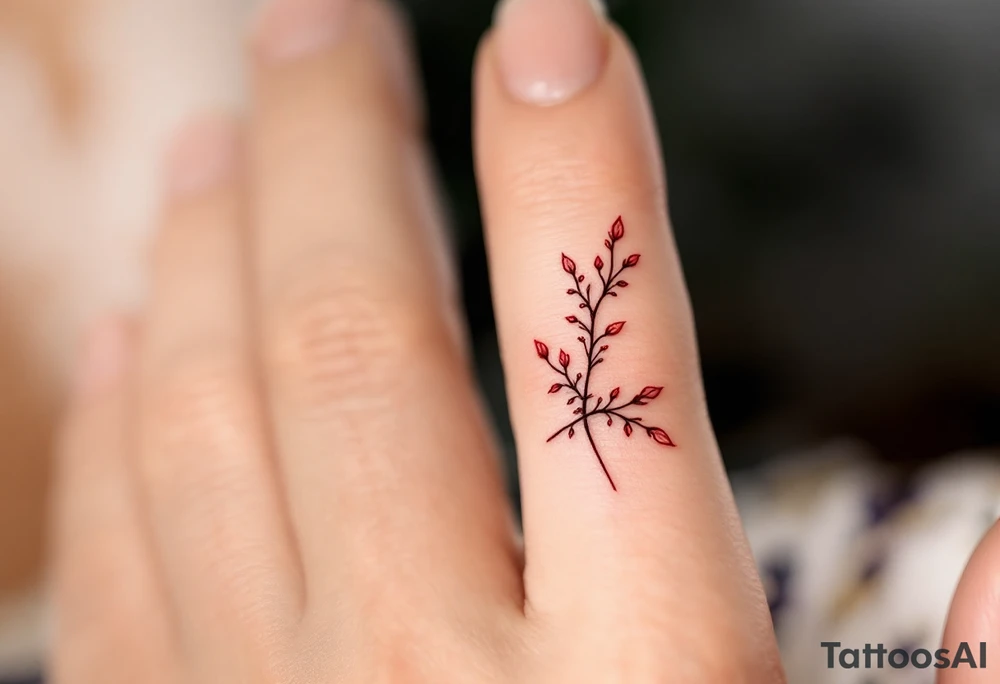 A tiny, delicate red finger band tattoo idea