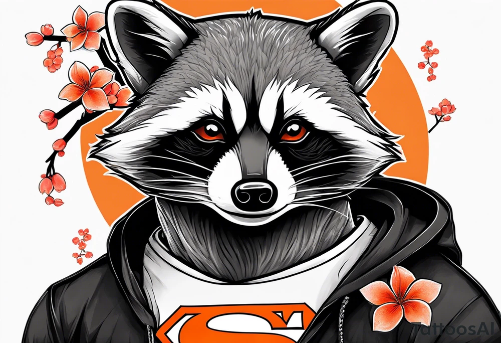 Raccoon wearing a white Superman logo on a black hoodie and orange Japanese cherry blossoms beside tattoo idea