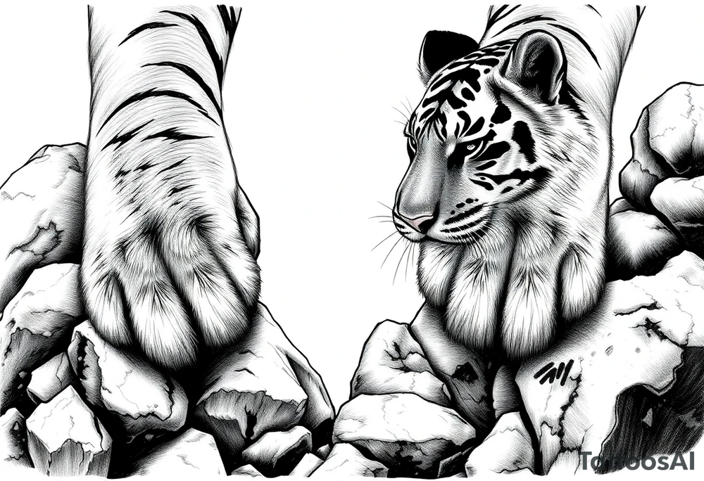 Tiger's powerful front paws gripping mossy jungle rocks, detailed. tattoo idea