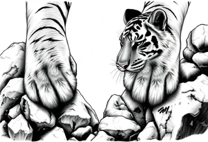 Tiger's powerful front paws gripping mossy jungle rocks, detailed. tattoo idea