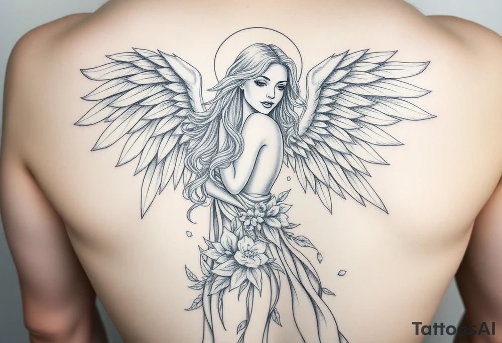 .


🌟 Image 2: Angelic Woman Tattoo Design
 
A beautifully detailed pencil sketch of an angelic woman with long flowing hair and magnificent feathered wings. She wears a flowing, nature-inspired gown adorned with floral and leaf patterns, blending elegance and divine femininity. Her expression is serene yet strong. The feathers and fabric flow gracefully around her, creating a sense of lightness and movement. The black-and-white pencil drawing gives it a timeless, classical tattoo appeal.

Keywords: angel woman, divine beauty, feathered wings, floral gown, feminine strength, heavenly figure, pencil sketch, classic tattoo tattoo idea