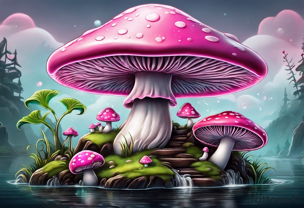 pink and white mushroom with little green alien fishing on top, smoke lingers in the back tattoo idea