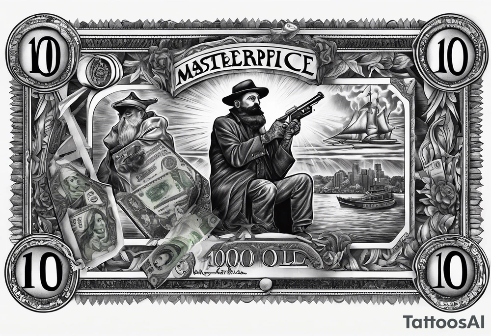 100 dollar bill with a money bag and a robber holding money bag tattoo idea