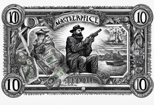 100 dollar bill with a money bag and a robber holding money bag tattoo idea