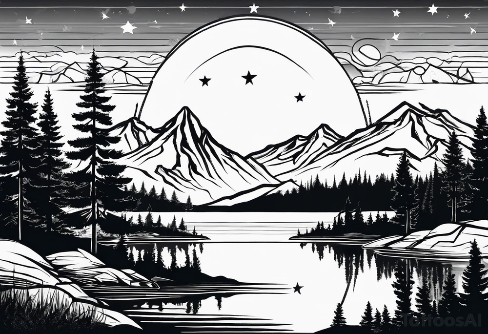 Mountain Skyline with one High Peak. Water in Front. Mountain Peak with circle dotted Line. Two Stars. Mountain and water Run Out flat in the side tattoo idea