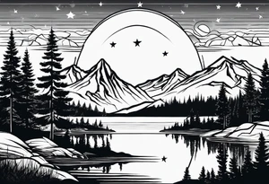 Mountain Skyline with one High Peak. Water in Front. Mountain Peak with circle dotted Line. Two Stars. Mountain and water Run Out flat in the side tattoo idea