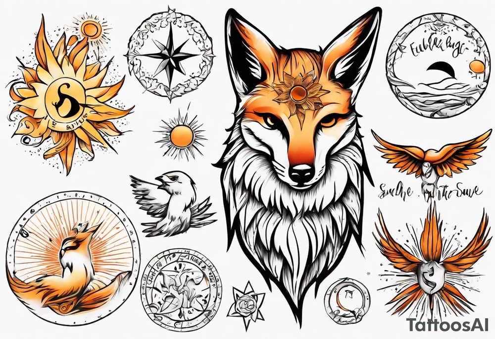 Fuchs und Eule unter der Sonne mit dem Schriftzug Sapere Aude tattoo idea