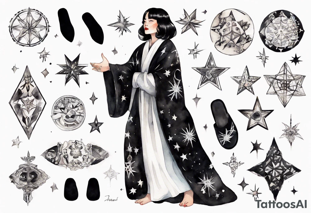 a middle-aged black-haired woman dressed in a black and white Nordic robe, wearing black slippers, surrounded by stars tattoo idea