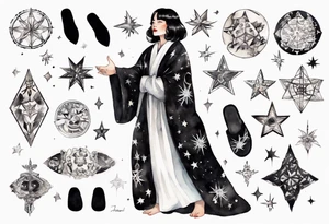 a middle-aged black-haired woman dressed in a black and white Nordic robe, wearing black slippers, surrounded by stars tattoo idea