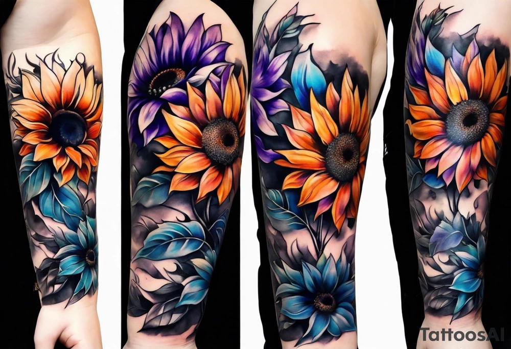 Full arm sleeve with purple, orange and blue sunflowers tattoo idea
