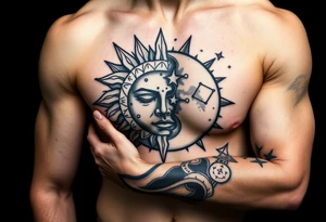 celestial sun and moon embrace with constellation patterns tattoo idea