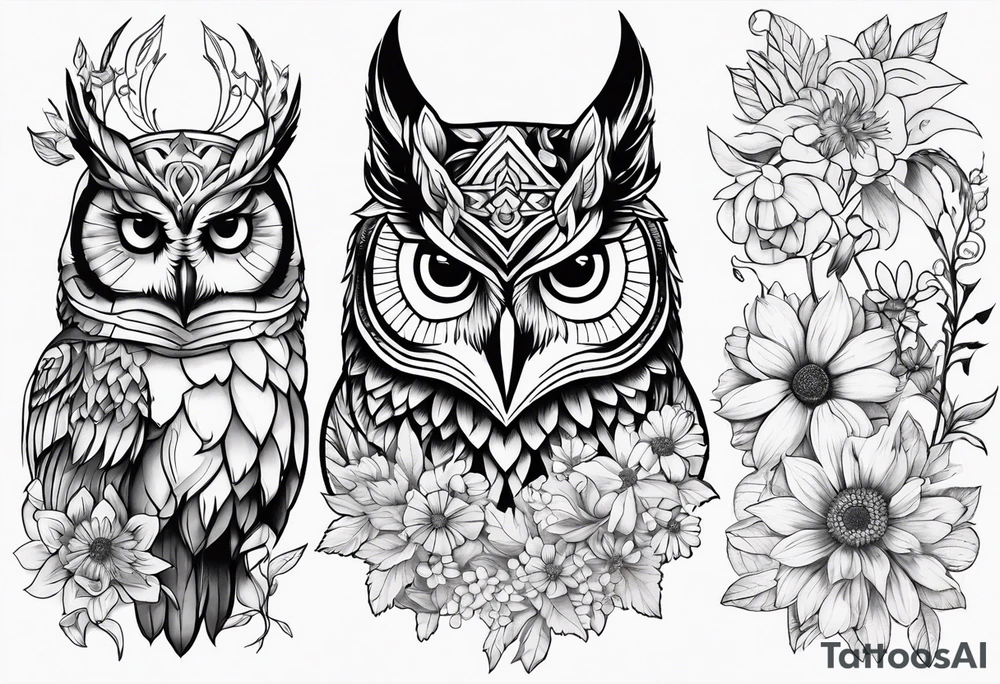 Owl and wildflowers and unicorn and warrior princess half sleeve tattoo idea