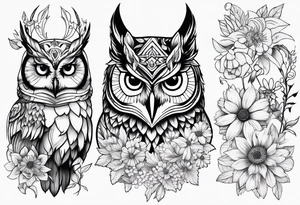 Owl and wildflowers and unicorn and warrior princess half sleeve tattoo idea