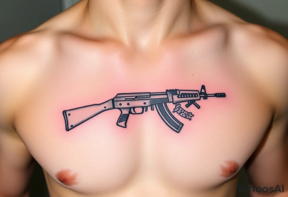 ak 47 black silhouette with floral details tattoo idea