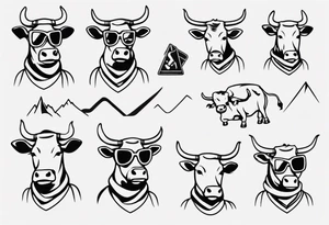 cow snowboarding wearing goggles, very simple linework tattoo idea