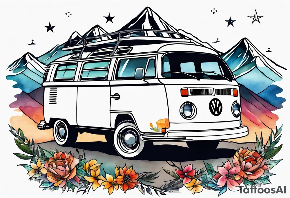directional Compass rose, mountains and VW Komi campervan tattoo idea