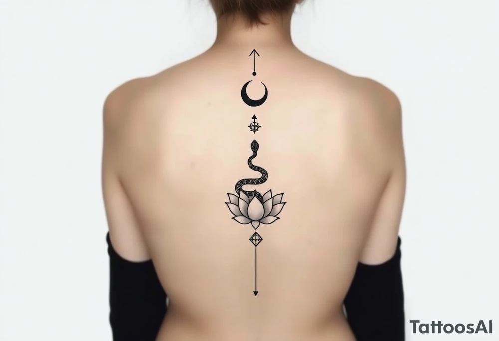 Ultra-high-definition, 
 
Tattoo Description (Very Important)

A fine-line black ink vertical spine tattoo, perfectly centered and symmetrical, running from upper back to lower back:

At the top (just below the neck):
A small upward-pointing arrowhead, minimal and sharp.

Below it:
A crescent moon, thin and elegant, facing upward.

Beneath the moon:
A small star / celestial cross with delicate points.

Below that:
A coiled viper, minimalistic and clean, facing upward, compact coils (tattoo-friendly, not aggressive).

Below the snake:
Another small celestial star marker, aligned vertically.

Center of the back:
A detailed lotus flower, symmetrical petals, fine-line botanical style, calm and balanced.

Below the lotus:
Small ornamental dots and geometric accents, maintaining vertical flow.

At the bottom (lower back):
A final upward-pointing arrow, thin, precise, completing the vertical line.


Tattoo style: fine-line, minimalist, sacred geometry / celestial, crisp edges, high clarity, no blur.


---

Quality & Output Settings

Resolution: Ultra HD / poster-print quality

Sharp focus across entire back and tattoo

Natural skin texture preserved

No distortion, no fantasy elements

Clean, elegant, gallery-ready realism tattoo idea