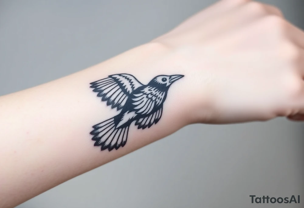 A detailed raven in mid-flight, wings spread wide with intricate feather patterns, symbolizing Tris’s journey tattoo idea