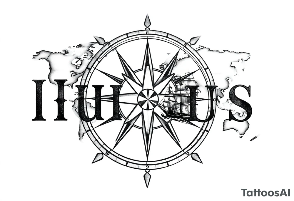 antique compass rose overlaid on weathered world map with sailing ships tattoo idea