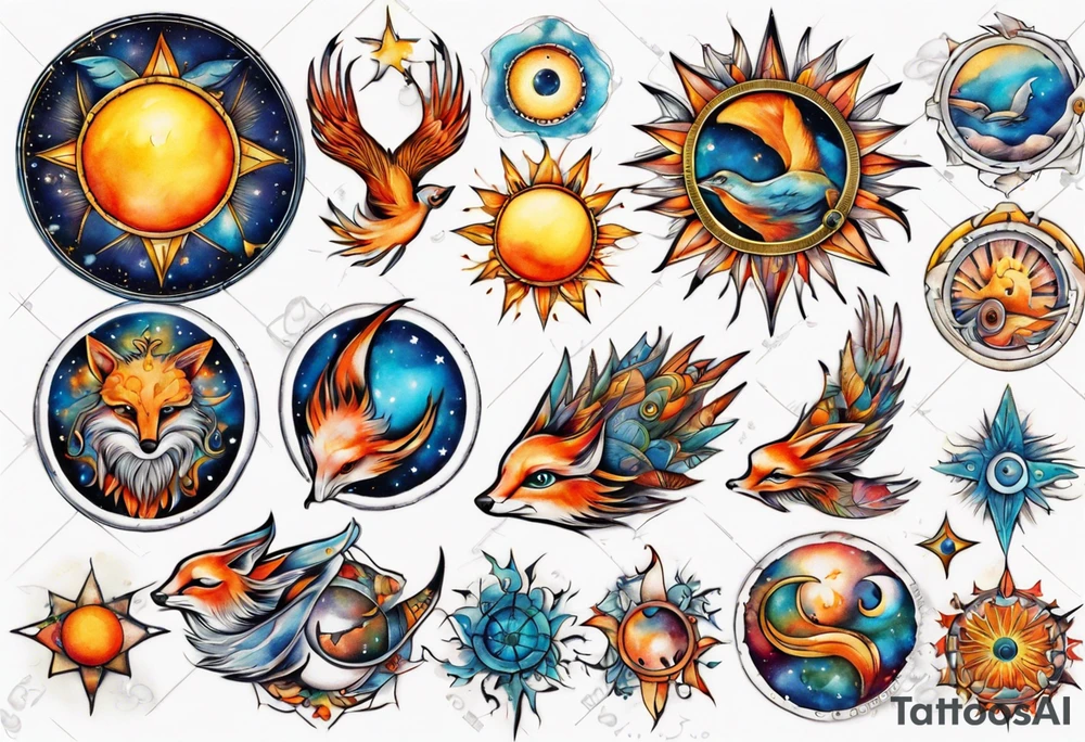 fisch, fuchs und eule , symetrie  sonne, universum, bunt tattoo idea