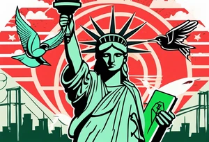 the statue of liberty with a skull for a face, and green dollar signs for eyes, with a red sun behind it with birds flying towards it tattoo idea