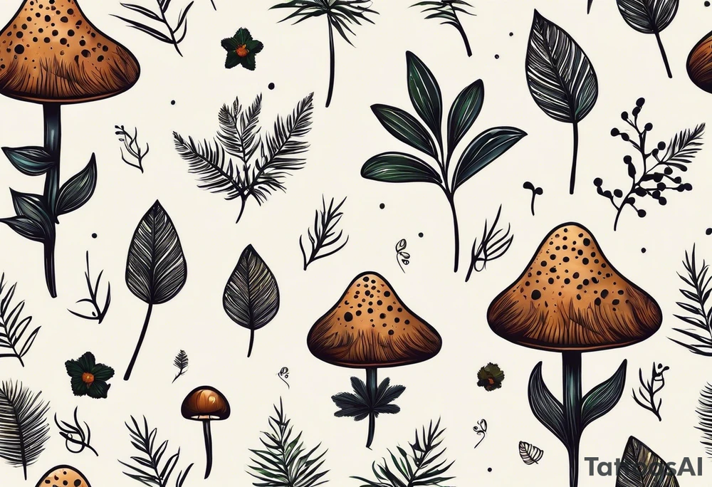 minimalistic forest floor inspired tattoo, which includes grass, moss, curly ferns and dead leaves as the bulk of the tattoo. details to include: forest berries, couple of very small brown mushrooms, a tiny bumblebee flying nearby tattoo idea