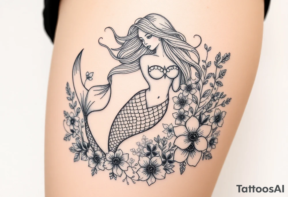 ethereal mermaid with flowing hair among coral and sea flowers tattoo idea