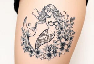 ethereal mermaid with flowing hair among coral and sea flowers tattoo idea