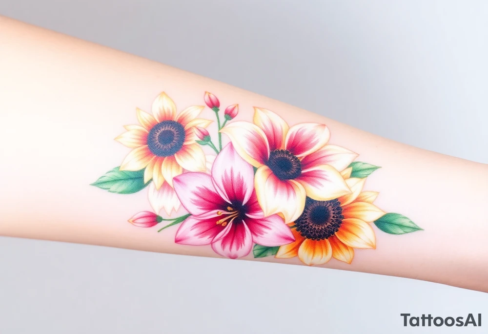 Sunflowers and stargazer lillies in pink and white in a dainty wildflower bouquet tattoo idea