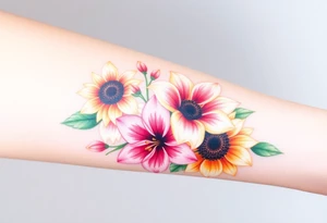 Sunflowers and stargazer lillies in pink and white in a dainty wildflower bouquet tattoo idea