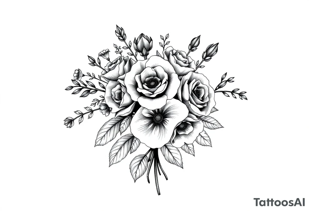 vintage bouquet of wild roses and meadow flowers with morning dew tattoo idea