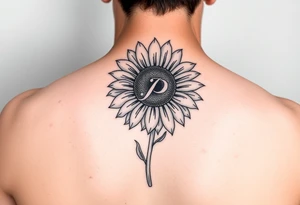 Sunflower with the letter p in the stem, black and white, small fine line tattoo idea