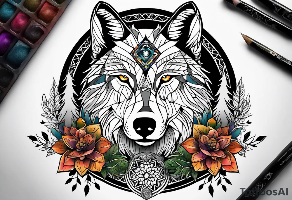 A whimsical wolf tattoo featuring mandala or dream catcher elements, with the wolf as the central focus, surrounded by mountains in the background. Include flowers and nature elements to fill the space around the wolf. tattoo idea