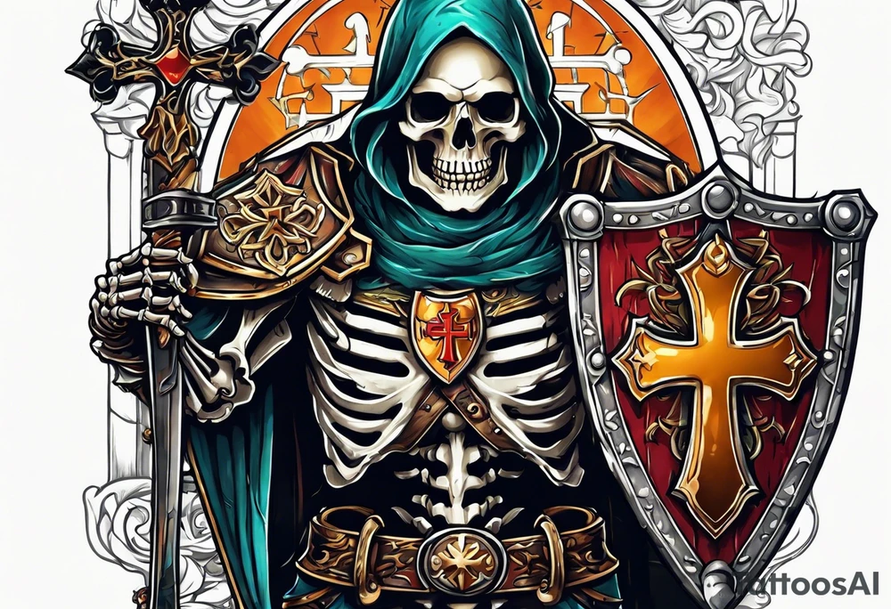 skeleton holding a shield with a cross on it tattoo idea