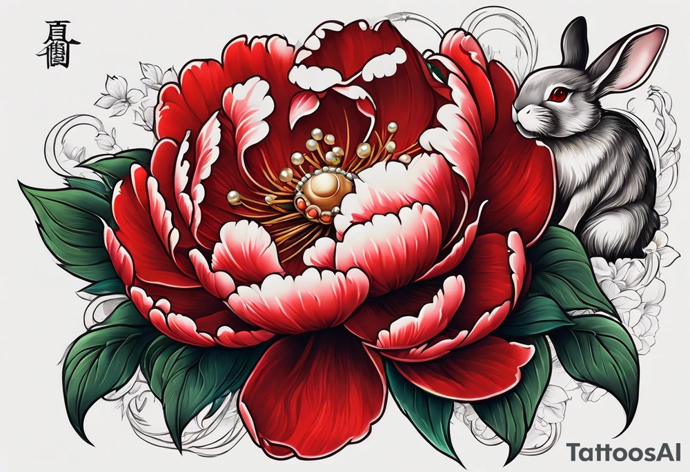 Red peony with a pearl necklace and a rabbit tattoo idea