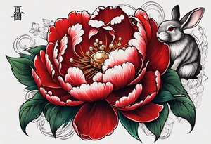 Red peony with a pearl necklace and a rabbit tattoo idea