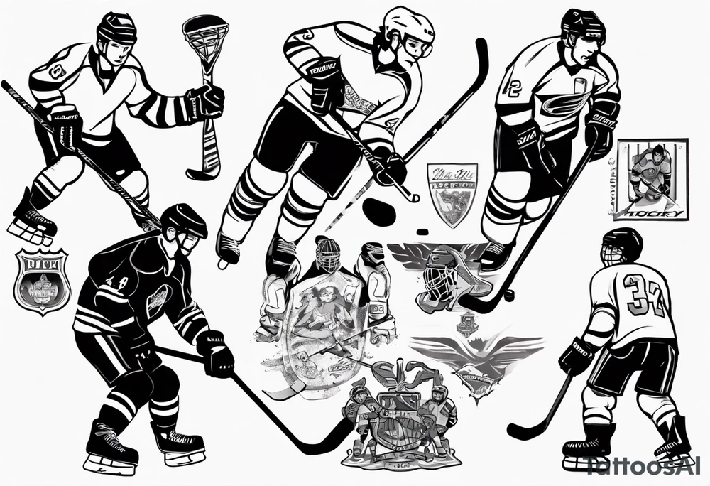 Hockey scene incorporating my children’s names in jerseys tattoo idea